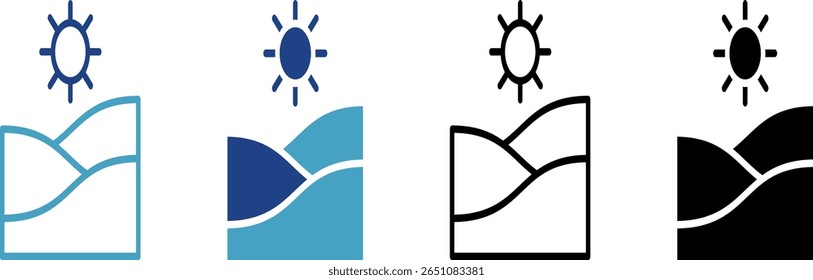 A sunrise or sunset view icon over a hill or horizon indicates good weather conditions used in travel or tourism applications.