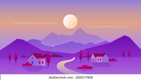 Sunrise or sunset village landscape vector illustration. Cartoon flat countryside panorama scenery with sun and mountain silhouette on horizon, houses with gardens. Purple panoramic natural background