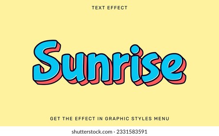 Efecto de texto Sunrise en estilo 3d. Emblema de texto para publicidad, marca, logotipo comercial