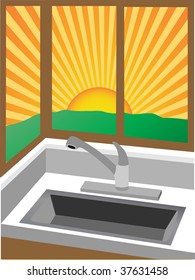 Sunrise through corner windows near sink
