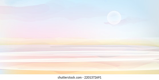 Sunrise, tide of the waves, morning sea view, coast line  background in pink  pastel colours. Vector illustration, watercolor style, concept for card, poster, flyer, print.