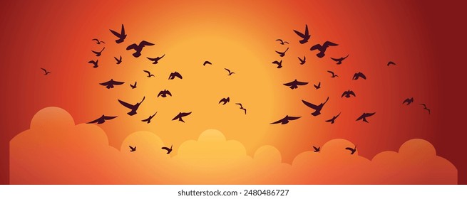 sunrise time and Fly Birds ,silhouette style,vector illustration