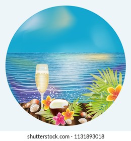 Sunrise tropical card with wine  , vector illustration