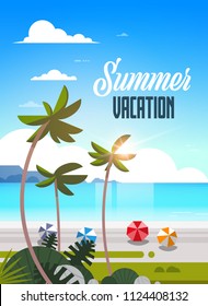 sunrise tropical palm beach balls view summer vacation seaside sea ocean flat vertical lettering vector illustration