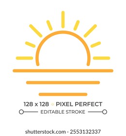 Icono de la línea de dos colores de la salida del sol. Cielo claro. Clima tranquilo. Anochecer o amanecer. Puesta de sol sobre el horizonte. Símbolo de contorno bicolor de pronóstico de Clima. Pictograma lineal duotono. Ilustración aislada. Trazo editable