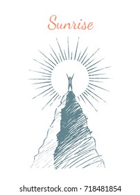 Sunrise. Vector business concept hand drawn sketch. A man stands on peak of a mountain.