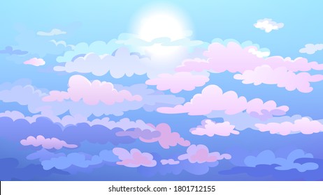 Sunrise. Vector evening sky clouds. Sunset. Background pink cloud design with sun on blue abstract gradient heaven.