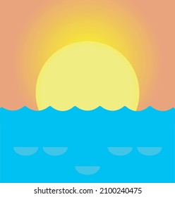 Sunrise vector flat icon. Isolated sun over the sea, water emoji illustration 	