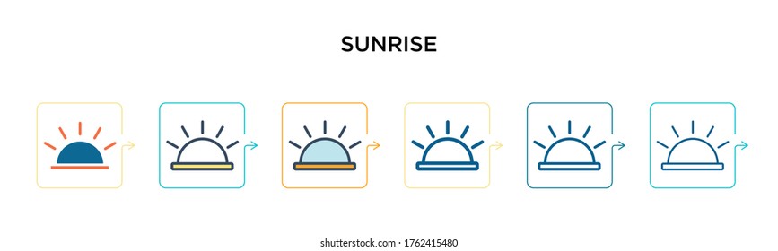Sunrise vector icon in 6 different modern styles. Black, two colored sunrise icons designed in filled and outline stroke style. Vector illustration can be used for web, mobile, ui.