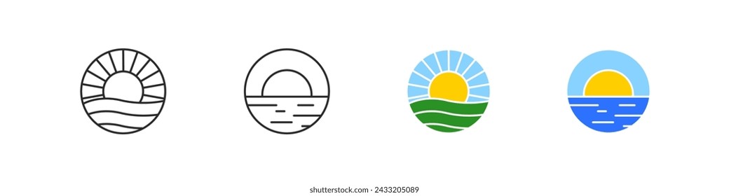 Sunrise vector outline and flat icon set. Sunset vintage style round logos. Sunburst and horizon icons.