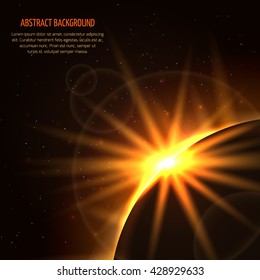 Sunrise vector space background. Planet and sunrise star, light sunrise in universe illustration