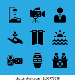 sunrise, video camera, manager, hand holding a stalk, shower, drum, news reporter, camcorder and curtains vector icon. Simple icons set