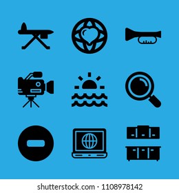 sunrise, video camera, no entry, trumpet, ironing board, cabinets, laptop, world peace and loupe vector icon. Simple icons set