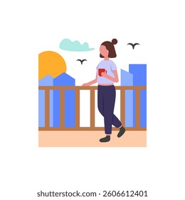 Sunrise Viewing From Balcony Vector Illustration