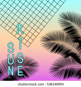 "Sunrise", Vintage neon signboard. Palm leaf silhouettes on a gradient background sunset, style of the 80's and 90's, webpunk, vaporwave, kitsch, aesthetic, bright vector illustration EPS 10