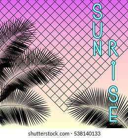 "Sunrise", Vintage neon signboard. Palm leaf silhouettes on a gradient background sunset, style of the 80's and 90's, webpunk, vaporwave, kitsch, aesthetic, bright vector illustration EPS 10