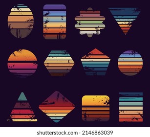 Sunrise vintage prints. Grunge sunset logo diverse shapes. Vintage california beach retro labels, 80s 90s surf beach t-shirt neoteric vector stickers