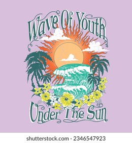 sunrise the Vintage summer beach vector prints, Summer vintage graphic print design. Beach vibes with board print design. Hand sketch beach vector design. flamingo artwork.