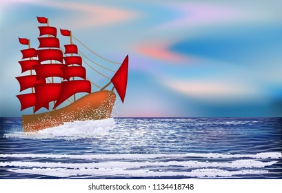 Sunrise wallpaper with sacrlet sailing vessel , vector illustration