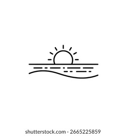 Sunrise Waves - sol arqueado sobre suaves líneas de agua en el brillante gráfico del paisaje marino de la mañana para la marca, señalización, embalaje, impresión, Web, App móviles y