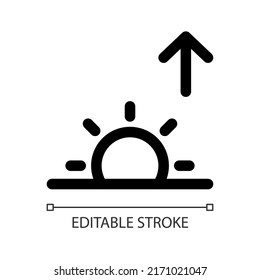 Sunrise white linear ui icon. Sun appearing prediction. Daytime and sunshine. GUI, UX design. Outline isolated user interface element for app and web. Editable stroke. Arial font used