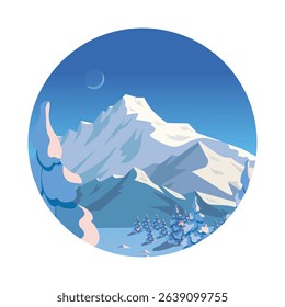 Sunrise in a winter landscape with snowy mountains, moon and fir forest. Vector illustration in a circle on a white background for sticker, card.