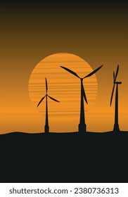 SunriseGreen energy resource vector illustration. Nature landscape with rotation windmills, wind turbines, hill, trees, sky  Power generation concept.