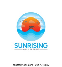 Sunrising Logo Icon Vector Illustration, Sun, Bird, Fish and Wave.