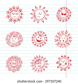 Suns doodle icons. Vector set of different suns. Hand drawn doodle illustration. 