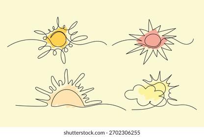 Die Sonnen sind in einem durchgehenden Linienstil mit verschiedenen Farben, die verschiedene Wetterbedingungen und Tageszeiten darstellen, gezeichnet und schaffen ein einfaches, aber künstlerisches Design.
