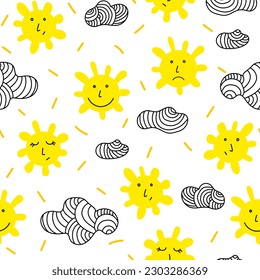 Suns with faces and linear clouds seamless pattern. Print for textile, fabric, posters, decor, greeting cards, paper, wallpaper. Vector design for kids, children, babies.