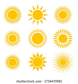 Suns graphic icons set. Suns pictograms isolated on white background. Symbols of summer. Vector illustration