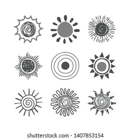 suns hand drawn doodle icon set. black and white
