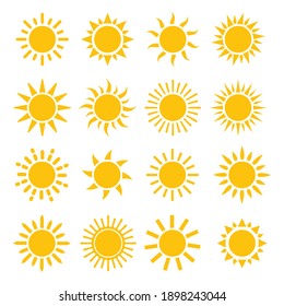 colección de iconos suns aislada en fondo blanco. símbolo de sol, amanecer o puesta de sol. concepto de negocios meteorológicos. ilustración vectorial