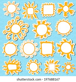 Suns, kids and babies style photo art frames, blue background with geometric clouds, suns elements in retro style for holiday design