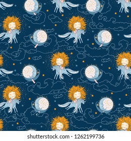  Suns, moons, stars and clouds on dark blue background. Seamless pattern. Vector illustration