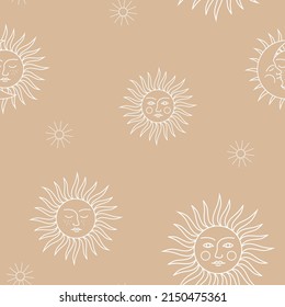 Suns on a beige background. Boho seamless pattern.