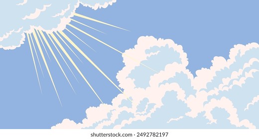 Los rayos del sol irrumpen entre las nubes. Nubes esponjosas. Nubes de caricaturas en un cielo azul. Linda Ilustración vectorial para la creatividad. Fondo para la ilustración.