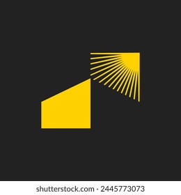 Los rayos del sol caen en el techo de la casa. Estilo moderno, espacio negativo, logotipo simple e inteligente.