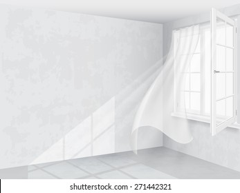 The sun's rays pass through the window and the curtain and illuminate the wall and floor. Vector illustration.