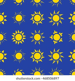Suns in the sky seamless pattern. Background with sun in blue sky. Vector illustration