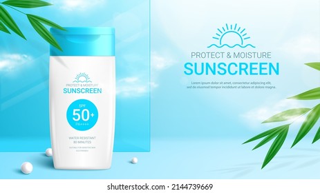 Sunscreen ad background template. Banner with 3d jar of sunscreen, tropical plants, pearl, glass and clouds. Vector 3d ad illustration for promotion of summer goods.