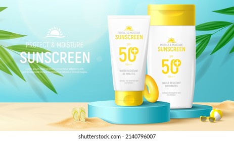 Sunscreen ad banner template. Banner with jar and tube of sunscreen on 3d podiums with tropical plants, sand, sunglasses and inflatable ball. Vector 3d ad illustration for promotion of summer goods.