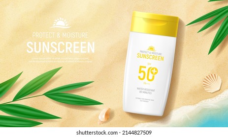 Sunscreen ad banner template. Banner with jar of sunscreen on beach sand with tropical plants, seashells and sea waves. Vector 3d ad illustration for promotion of summer goods.