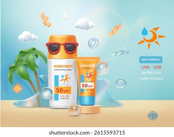 Sunscreen ad banner template. Podium with tube of sunscreen on with tropical palms, sunglasses and glass sea wave. Vector 3d ad illustration for promotion  Beach stage.