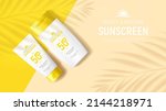 Sunscreen ad banner template. Banner with tube and jar of sunscreen on color background with shadows of tropical plants. Vector 3d ad illustration for promotion of summer goods.