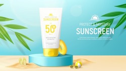 Sunscreen Ad Banner Template. Banner With Tube Of Sunscreen On 3d Podium With Tropical Plants, Sand, Sunglasses, Inflatable Ring And Ball. Vector 3d Ad Illustration For Promotion Of Summer Goods.
