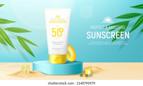 Sunscreen ad banner template. Banner with tube of sunscreen on 3d podium with tropical plants, sand, sunglasses, inflatable ring and ball. Vector 3d ad illustration for promotion of summer goods.
 - Shutterstock ID 2140795979