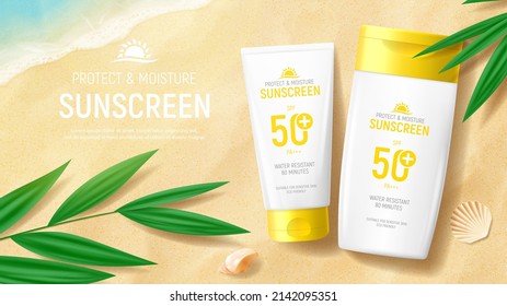 Sunscreen ad banner template. Banner with tube and jar of sunscreen on beach sand with tropical plants, seashells and sea waves. Vector 3d ad illustration for promotion of summer goods.