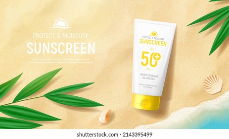 Sunscreen ad banner template. Banner with tube of sunscreen on beach sand with tropical plants, seashells and sea waves. Vector 3d ad illustration for promotion of summer goods. - Shutterstock ID 2143395499